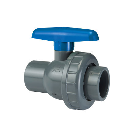 VDL Kugelhahn, PVC-U, 2x Klebemuffe/1x Überwurfverschr., blauer Hebel, EPDM, 16 bar, 25 mm 