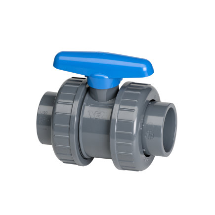 VDL Kugelhahn, PVC-U, 2x Klebemuffe/2x Überwurfverschr., blauer Hebel, EPDM, 16 bar, 25 mm 