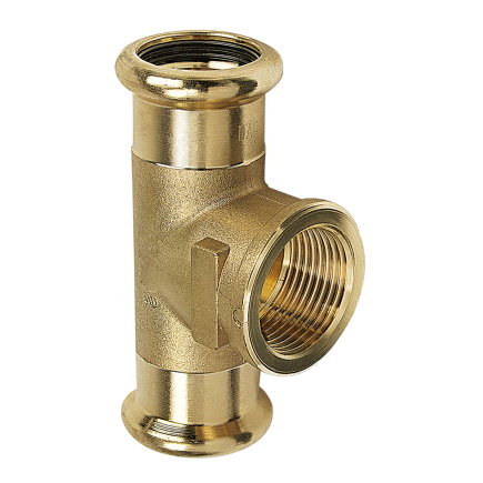 Sanha schroef T-stuk 90°, type Purapress, brons, 2x pers / 1x binnendraad, epdm, Kiwa, 22 mm x ½" 