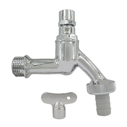 Tapkraan, messing verchroomd, gepolijst, sleutel bediend, &frac12;" buitendraad x slangwartel 