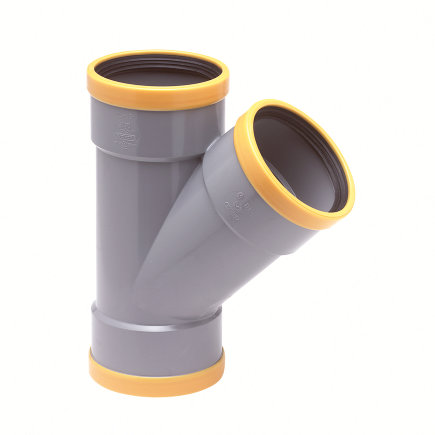 Wavin Wafix T-stuk 45°, pvc, 3x manchet, grijs, KOMO, SN8, 125 mm 