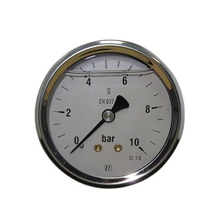 Buisveer manometer met achteraansluiting, glycerinevulling, 0 - 6 bar