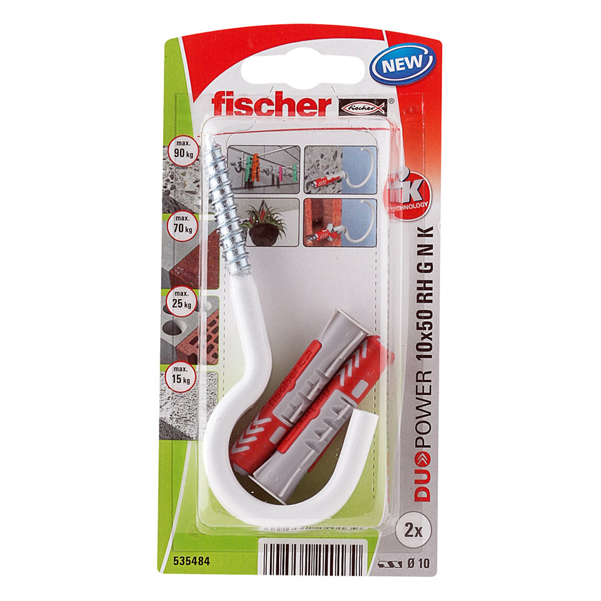 Fischer plug, type DuoPower, 6 x 30 mm, met ronde nylon haak 4 x 65 mm, blister à 6 stuks 