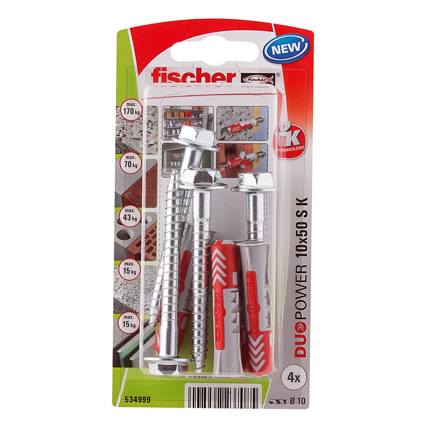 Fischer plug, type DuoPower, 10 x 50 mm, met zeskant schroef 7 x 70 mm, blister à 4 stuks 