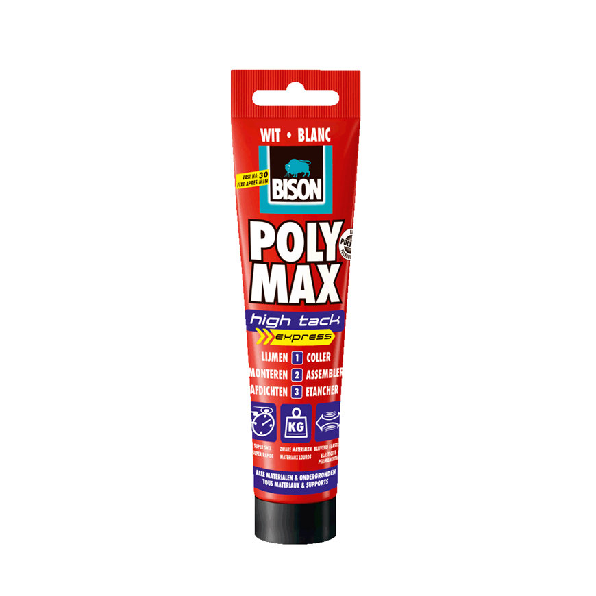 Bison Poly Max montagelijm, High Tack Express, wit, tube à 165 gram 