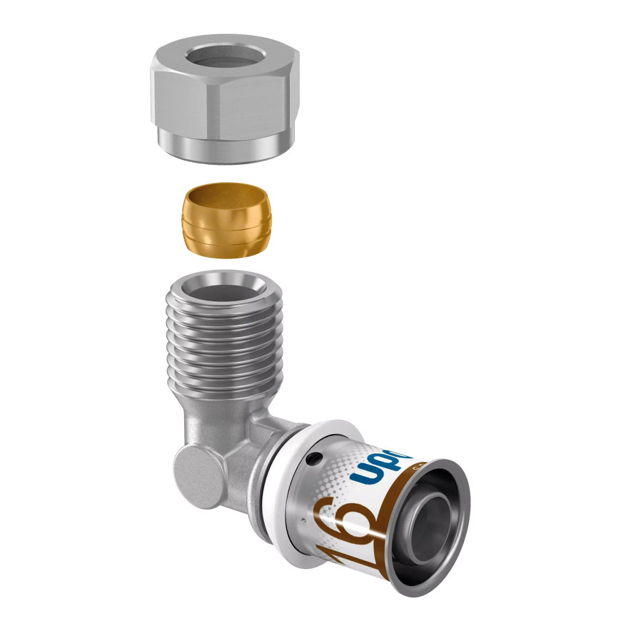 Uponor overgangs knie 90°, S-Press Plus, messing vertind, knel x pers, Kiwa, 3/8" x 10 (cu) x 16 mm 