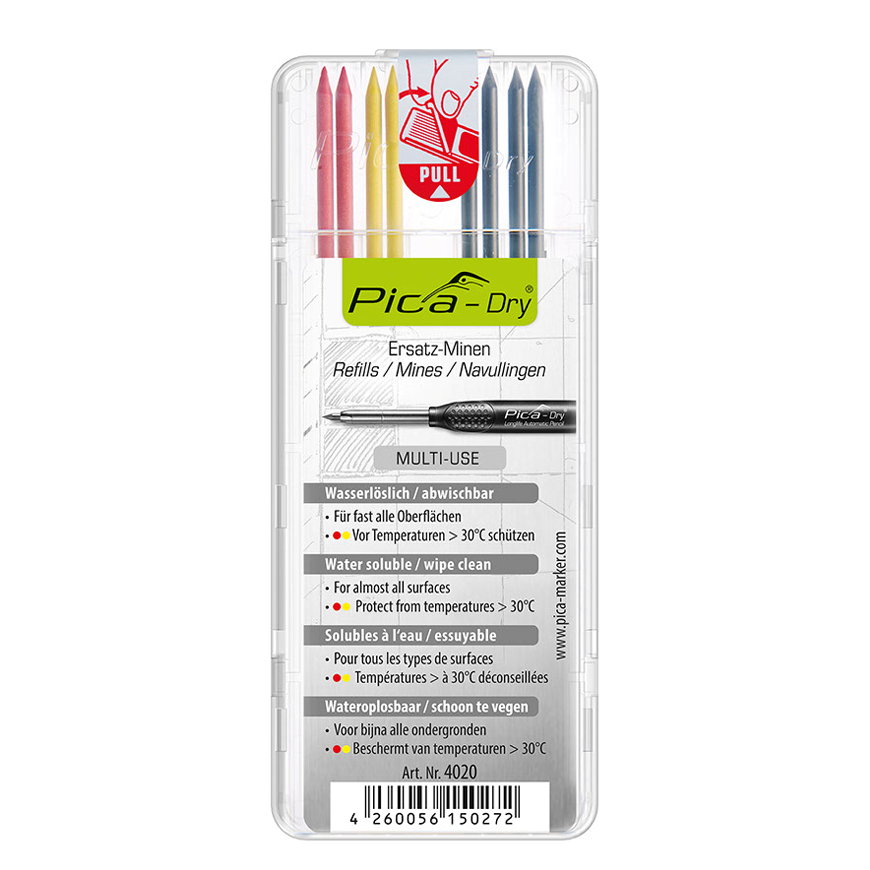Pica Dry reservestiften, type Dry 4020, grafiet, rood, geel, set à 8 stuks 