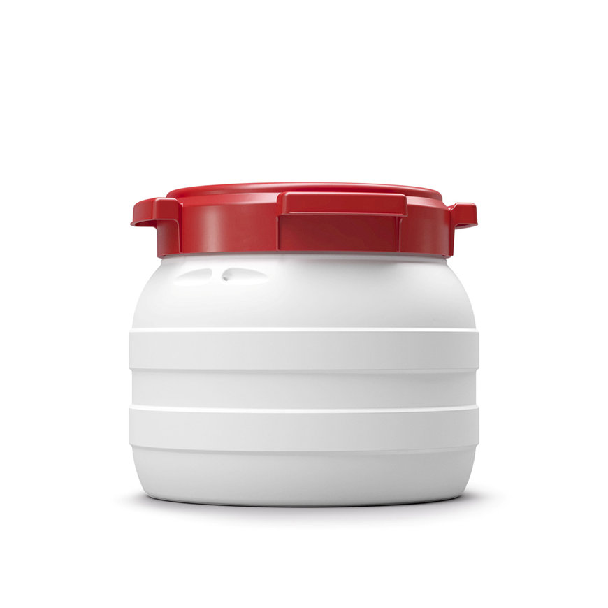 Wijdmonds vloeistofvat met schroefdeksel, zonder handgrepen, wit/rood, 10 liter 