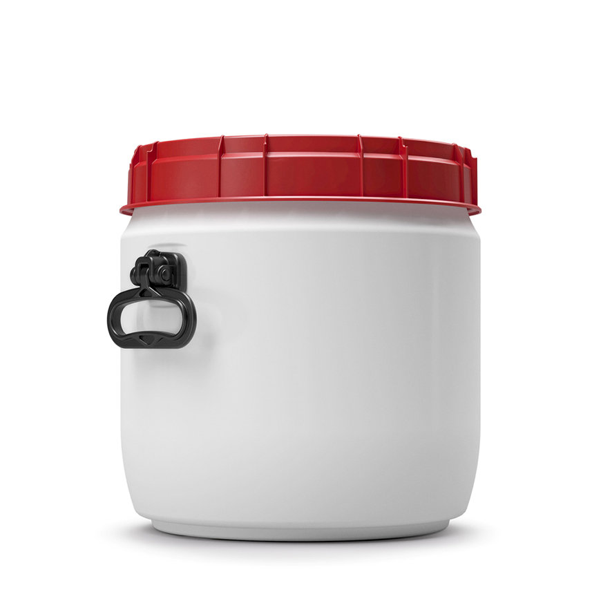 Wijdmonds vloeistofvat met schroefdeksel, met handgrepen, wit/rood, 26 liter 