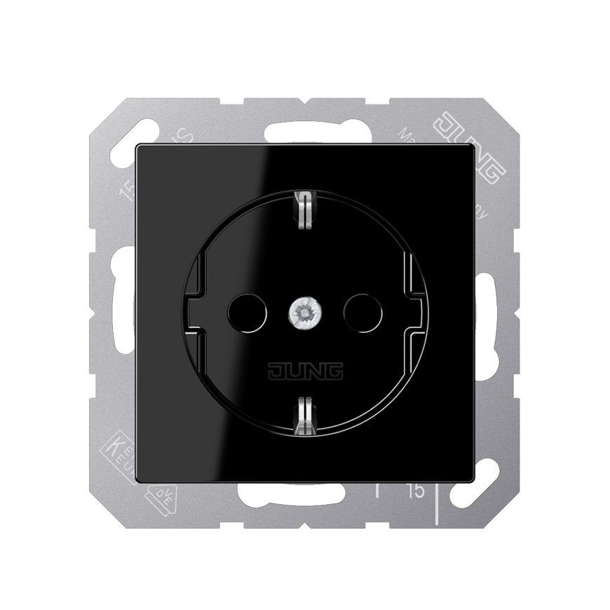 Jung wandcontactdoos, A range, inbouw, met randaarde, centraalplaat, slagvast, zwart 