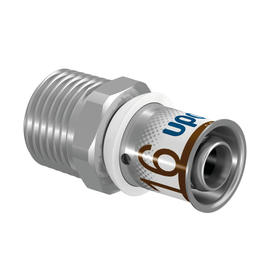 Uponor draad koppeling, S-Press Plus, messing vertind, buitendraad x pers, Kiwa, 3/8" x 16 mm 
