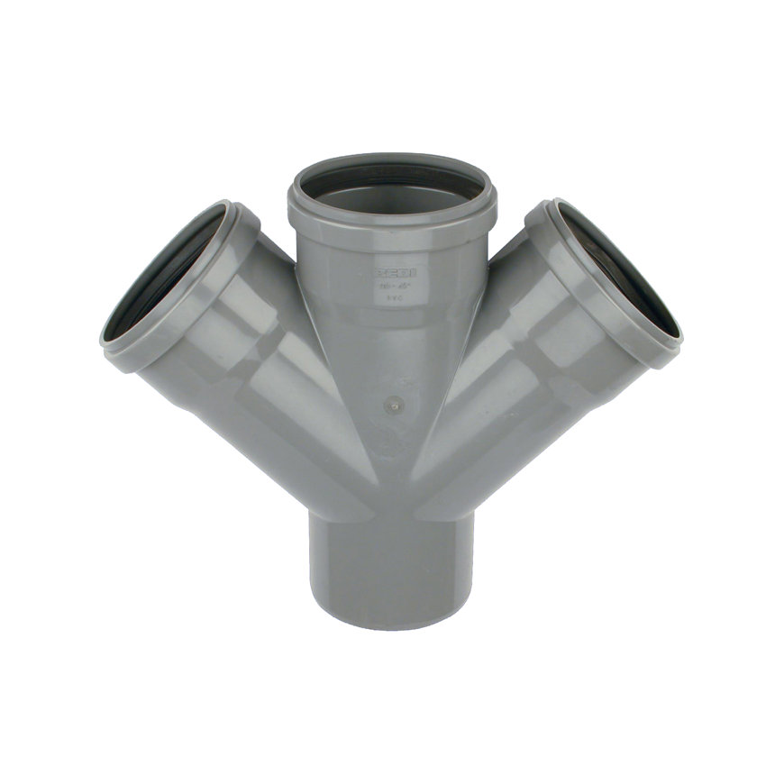 Wavin dubbel T-stuk 45°, pvc, 3x manchet/1x spie, grijs, KOMO, SN4, 110 mm 