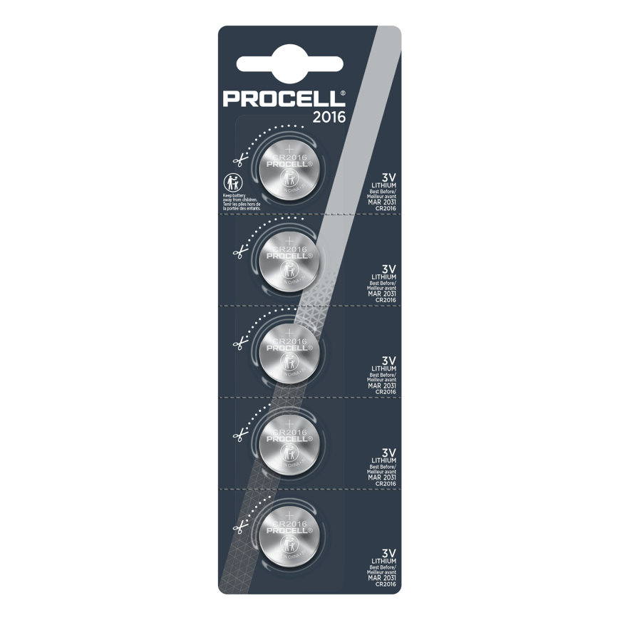 Duracell Procell knoopcel batterij, lithium, CR2016, 3 V, 85 mAh, kaart à 5 stuks 