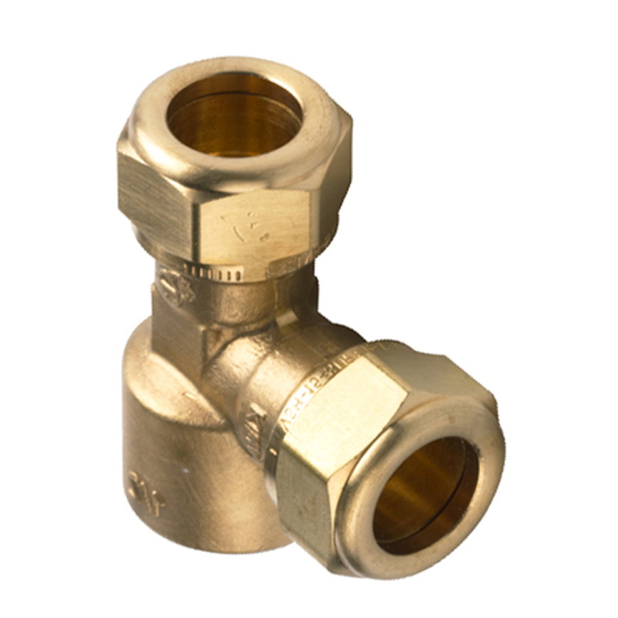 VSH verloop T-stuk, Super, S1224, messing, FFF, 2x knel x 1x binnendraad, Kiwa, 28 mm x 28 mm x ½" 
