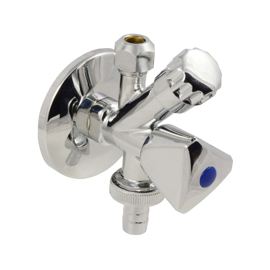 Sanivesk hoekstopkraan met rozet en slangtule, verchroomd, bu.dr. &frac12;", knel 10 mm x slangtule &frac34;" 