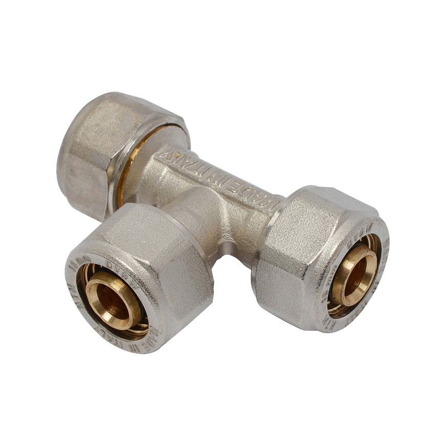 Sanivesk T-stuk 90&deg;, messing vernikkeld, voor meerlagenbuis, 3x knel, 16 mm 