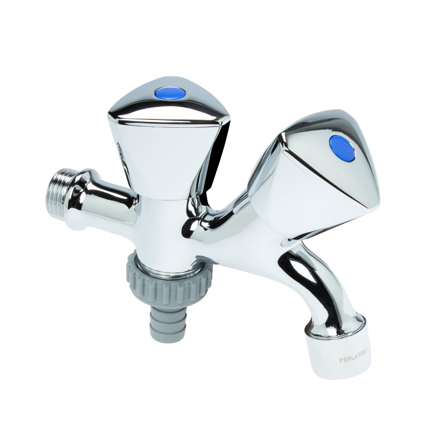 Sanivesk dubbele tapkraan met slangwartel, messing verchroomd, &frac12;" 