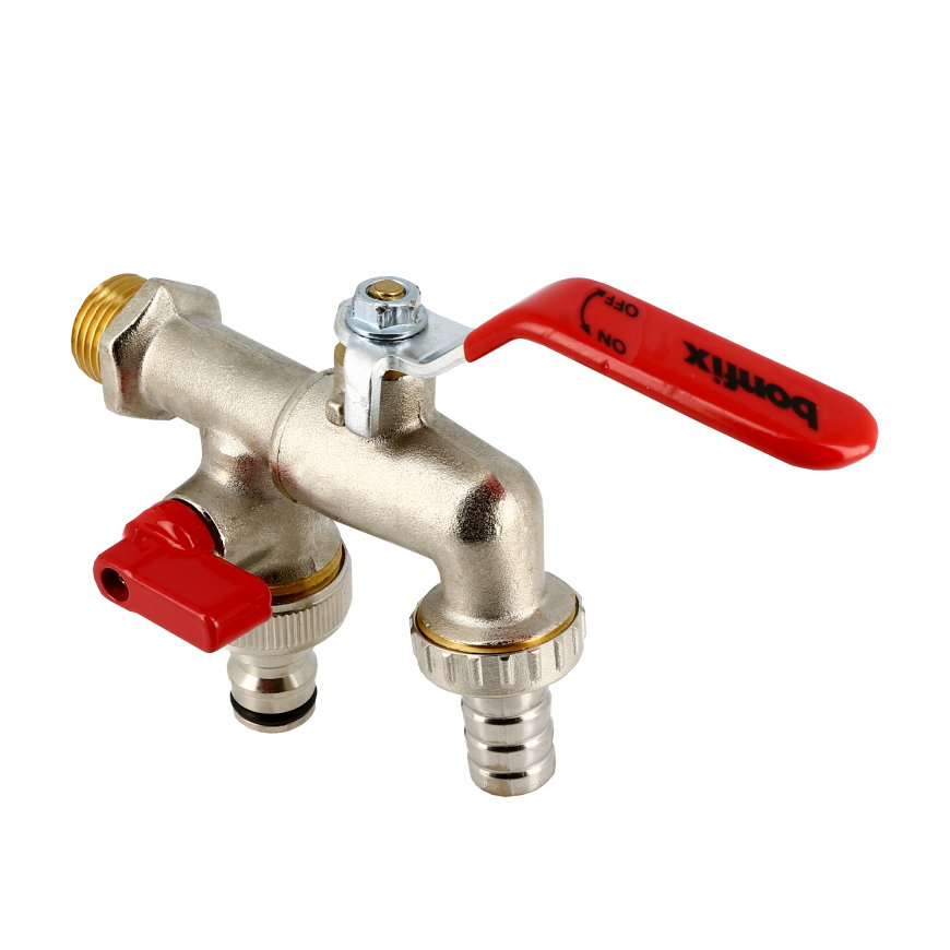 Bonfix dubbele tap-kogelkraan, messing vernikkeld, buitendraad / 2x slangwartel, ½" x ¾" x ¾" 