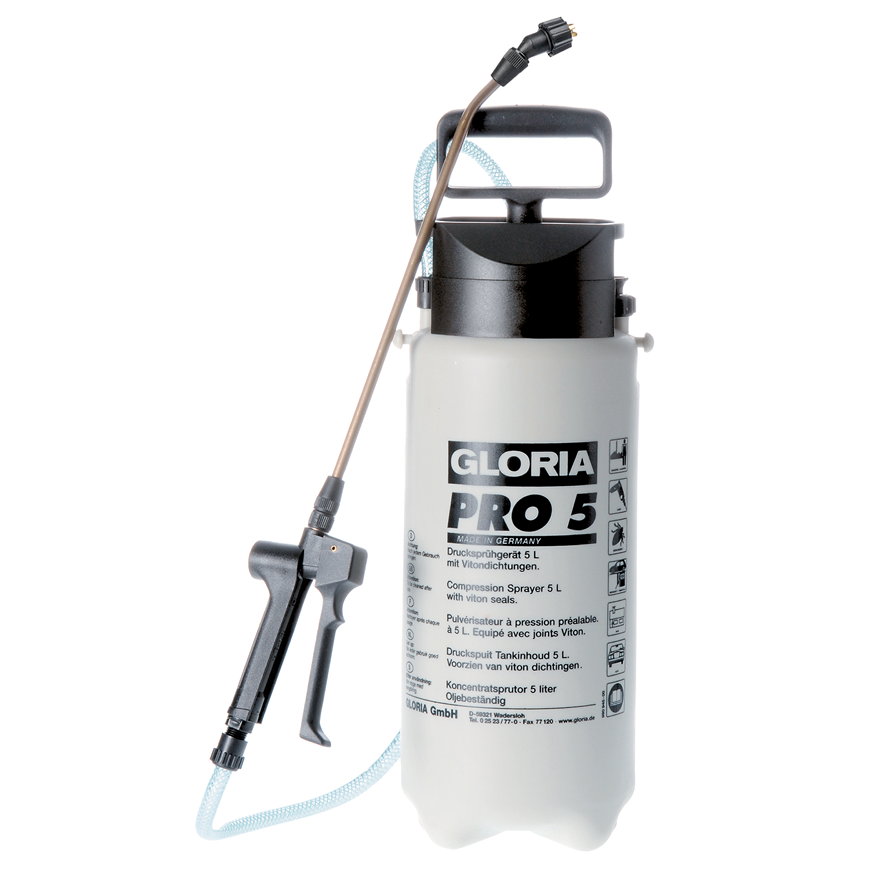 Gloria drukspuit, type Pro 5, vulinhoud 5 liter, Viton afdichtingen, vlakke nevel 80° 