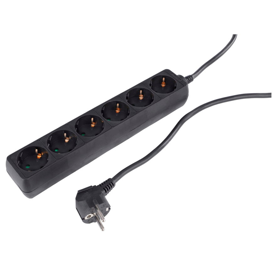 Q-Link stekkerdoos, met randaarde, zwart, 6-voudig, 1,5 m snoer, 3x 1,5 mm², max. 3680 W 