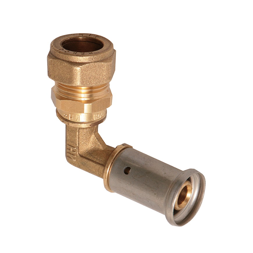 Henco overgangs knie 90°, messing, rvs, pers x knel, type 40P, epdm, 16 bar, 20 x 22 (cu) mm 