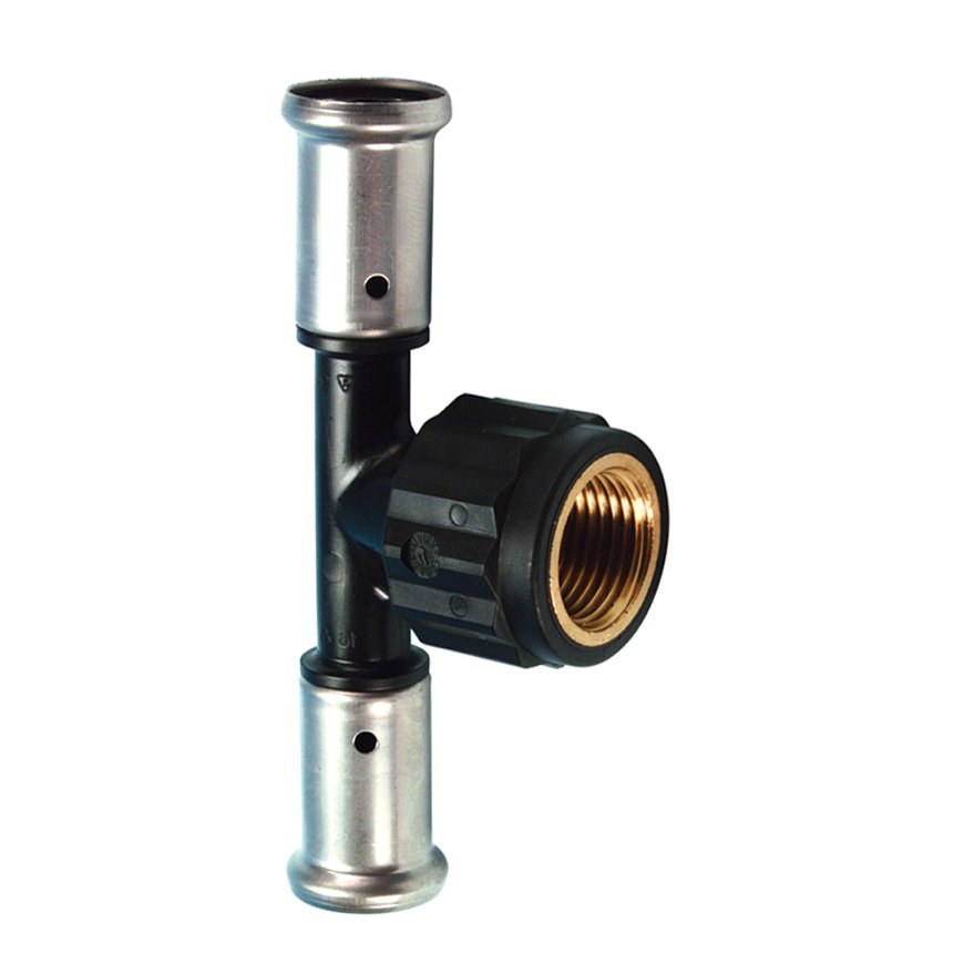 Henco schroef T-stuk 90°, pvdf, rvs, 2x pers / 1x binnendraad, type 13PK, epdm, 16 bar, 16 mm x ½" 