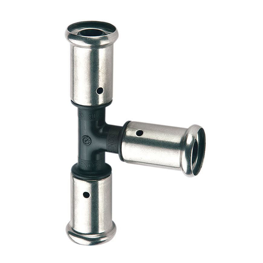 Henco T-stuk 90°, pvdf, rvs, 3x pers, type 9PK, epdm, 16 bar, 16 mm 