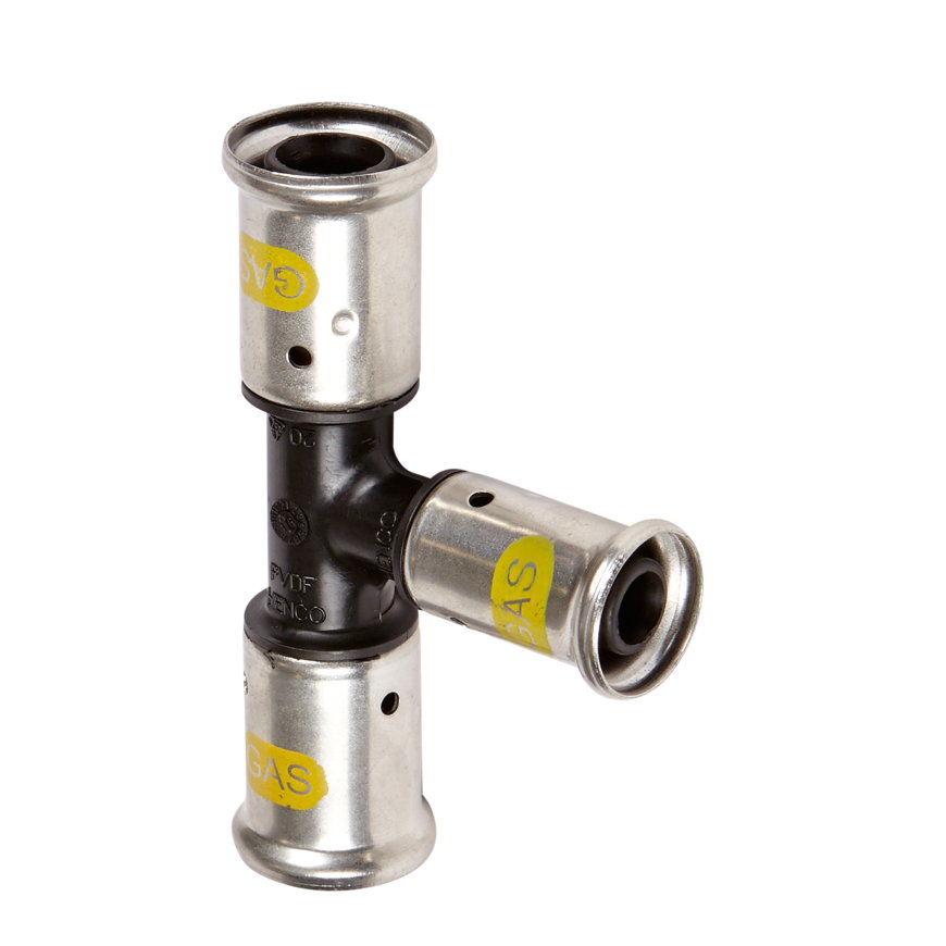 Henco verloop T-stuk 90°, gas, pvdf, rvs, 3x pers, type 10PKG, hnbr, 16 bar, 20 x 16 x 20 mm 