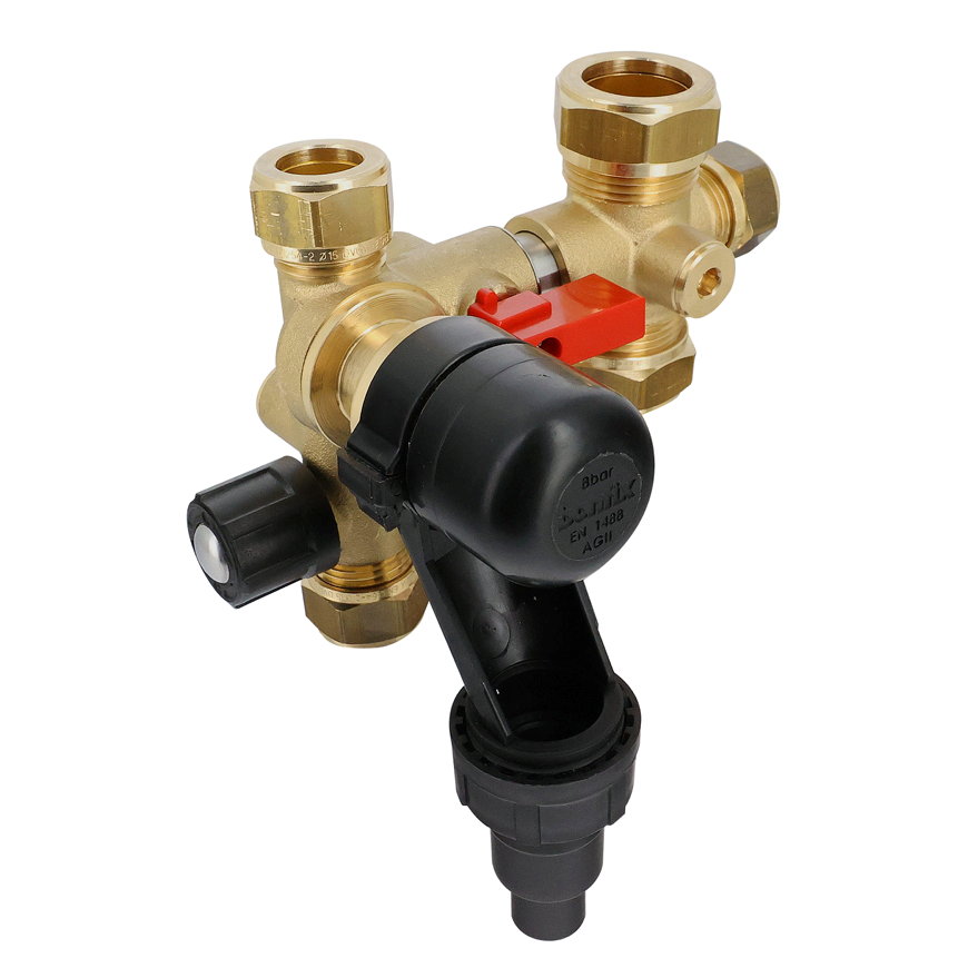 Bonfix inlaatvulcombinatie, messing, knel, 15 x 22 mm 