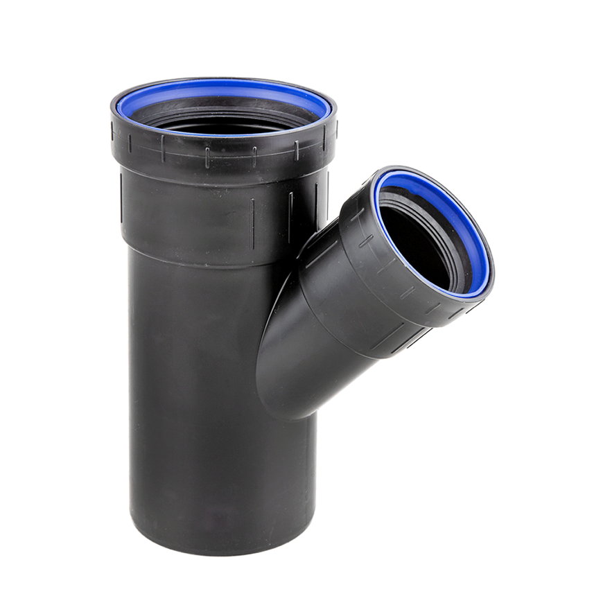 Dyka Solydo EasyFit verloop T-stuk 45°, pp, 2x manchet / 1x spie, zwart, SN4, 75 x 50 x 75 mm 
