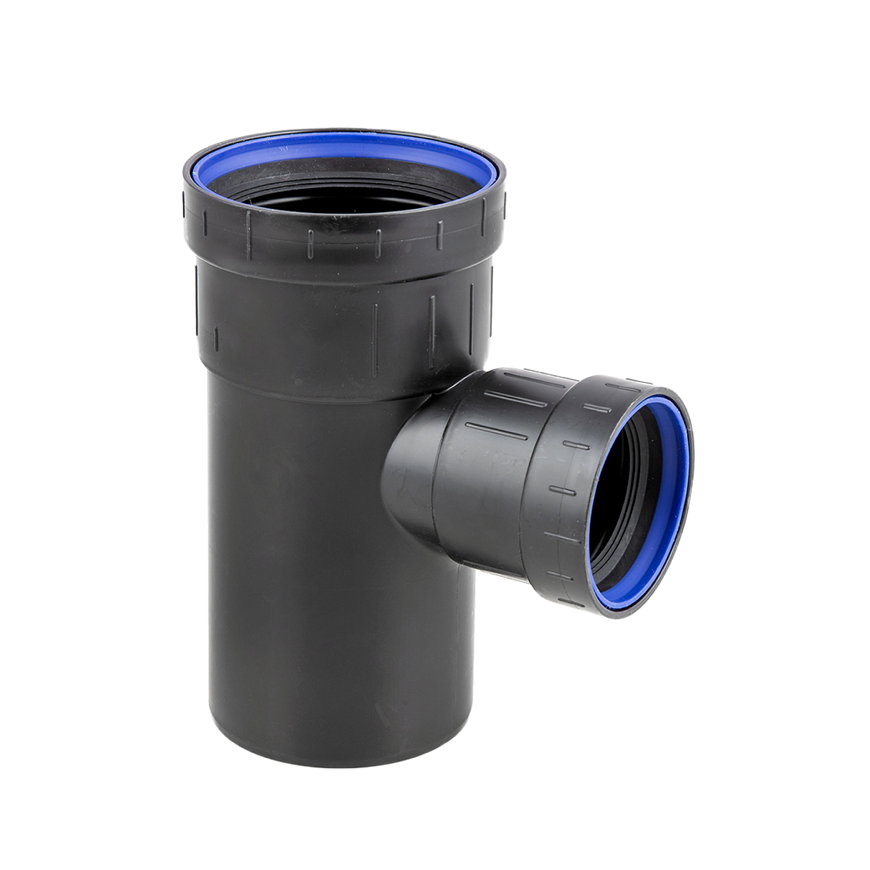 Dyka Solydo EasyFit stroom verloop T-stuk 90°, pp, 2x manchet / 1x spie, zwart, SN4, 75 x 50 x 75 mm 