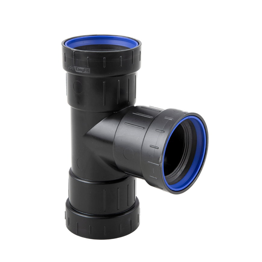Dyka Solydo EasyFit stroom T-stuk 90°, pp, 3x manchet, zwart, SN4, 50 mm 