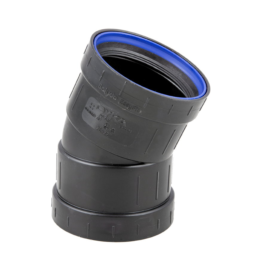 Dyka Solydo EasyFit bocht 22,5°, pp, 2x manchet, zwart, SN4, 75 mm 