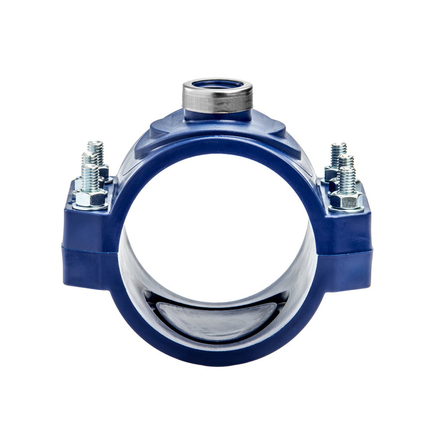 Unidelta aanboorzadel, pp, 1x bi.dr., blauw, verstevigingsring, incl. bouten en moeren, 63 mm x ¾" 