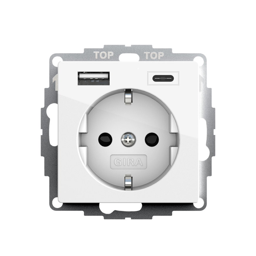 Gira wandcontactdoos, system 55, inbouw, randaarde, USB-voeding type A en C, safety plus, wit 