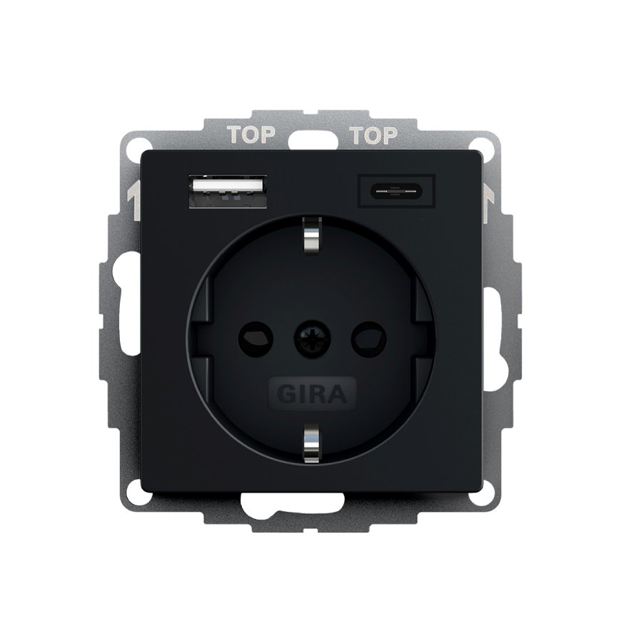 Gira wandcontactdoos, Systeem 55, met RA, USB A/C, kinderveiligheid, zwart