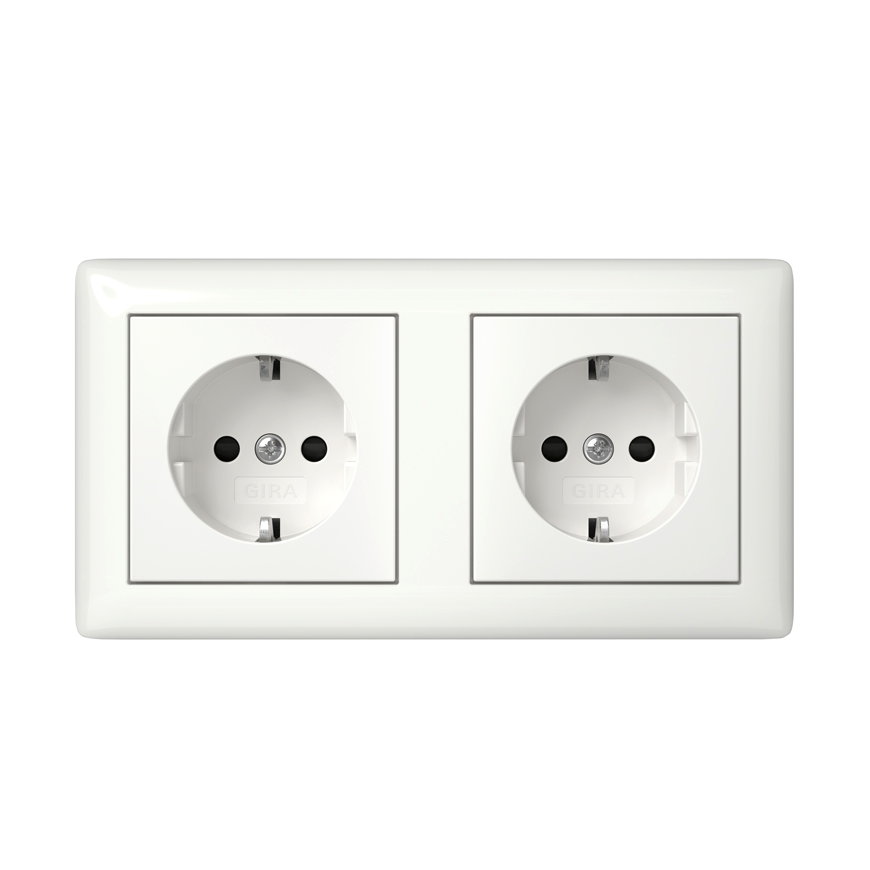 Gira wandcontactdoos, dubbel, met afdekraam standard 55, randaarde, safety plus, wit 