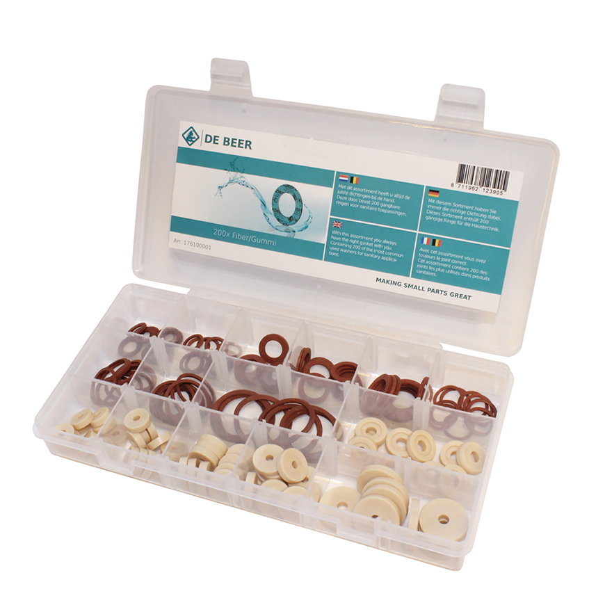 De Beer assortimentsdoos met fiber- en kraanschijf ringen, 150-delig