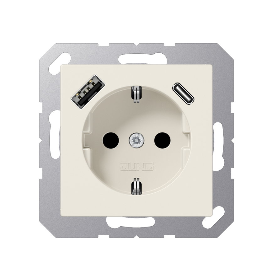 Jung wandcontactdoos, A range, randaarde, USB A en C, kinderbeveiliging, wit 