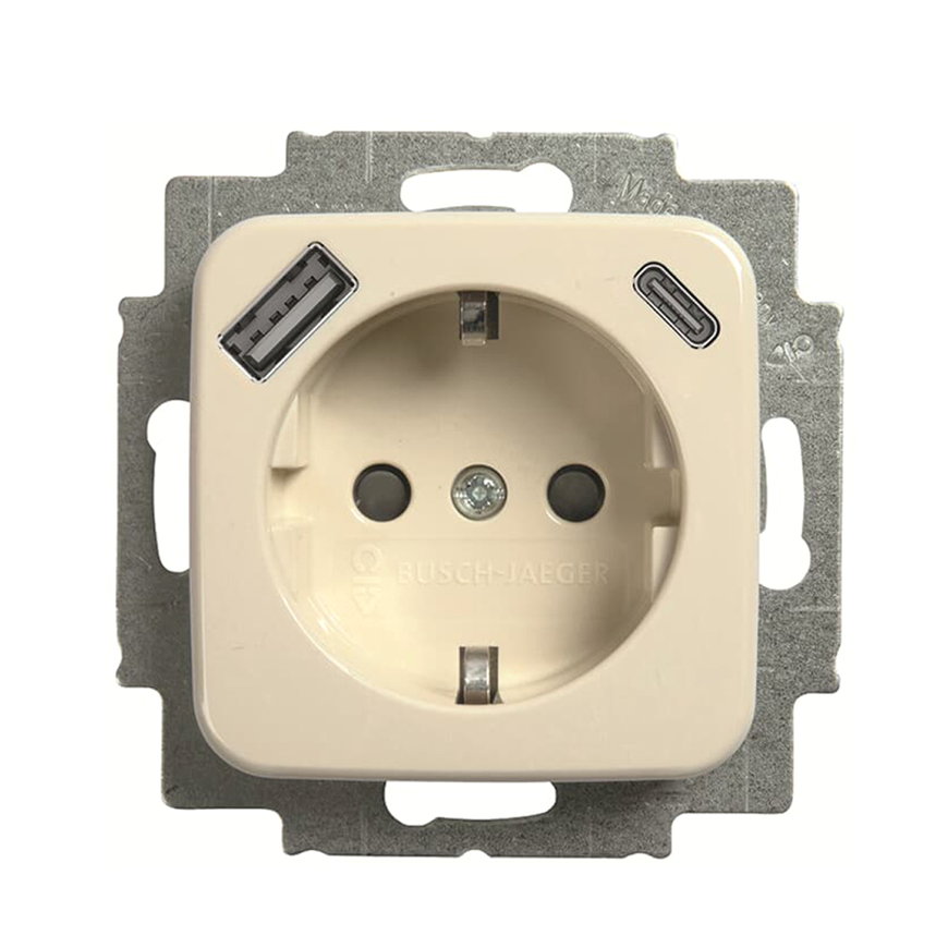 ABB Busch-Jaeger wandcontactdoos, SI, met RA, USB A/C, kinderveiligheid, cr&egrave;me 