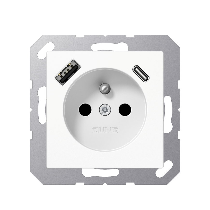 Jung wandcontactdoos, A-range, inbouw, penaarde, USB-voeding type A en C, safety plus, wit 