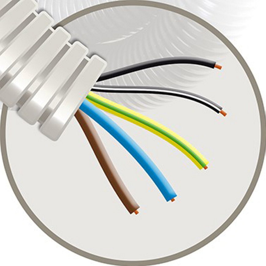 Snelflex voorbedrade flexibele buis met VD draad, 16mm, 3x 2,5mm&sup2; (br,bl,ge/gr)+2x 1,5mm&sup2; (zw), 100m 