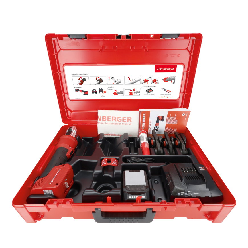 Rothenberger accu persmachine, Romax Nano, set, persbekken SV 15-22-28 mm, iJAWS, 2Ah, CAS 