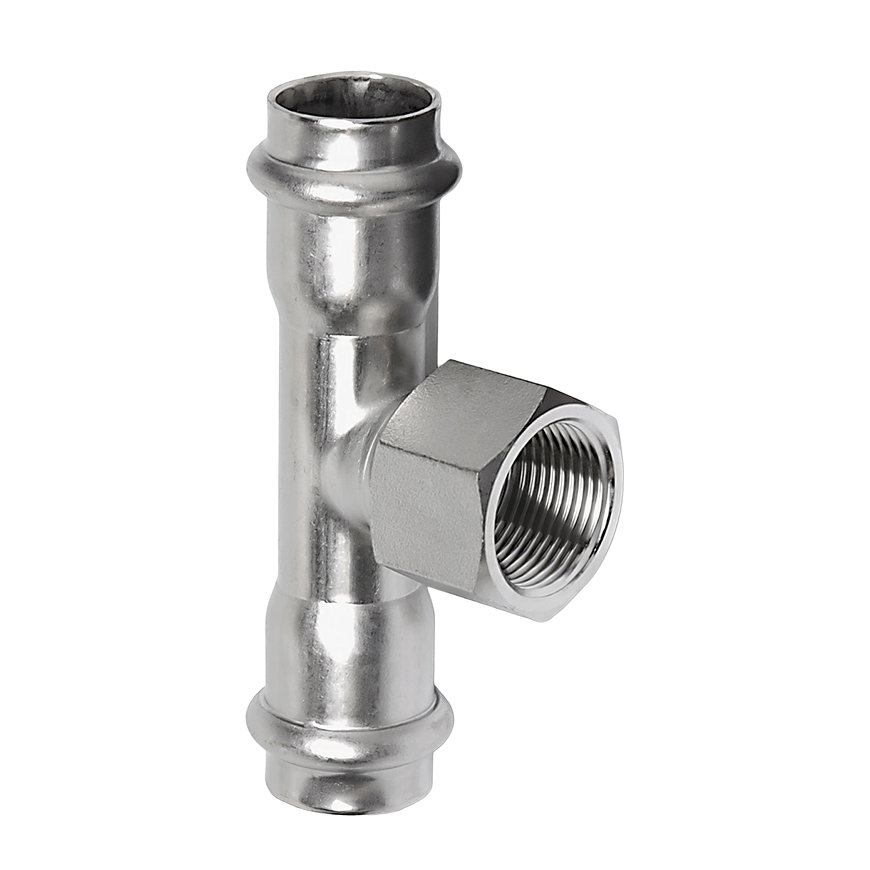 Sanha NiroSan schroef T-stuk 90°, rvs 316L, 2x pers / 1x binnendraad, 15 x ½" x 15 mm