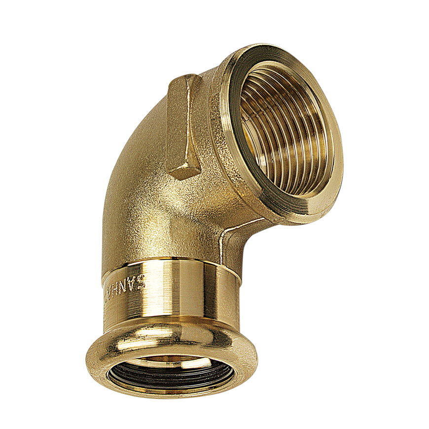 Sanha schroef knie 90°, type Purapress, brons, binnendraad x pers, epdm, Kiwa, ¾" x 22 mm 