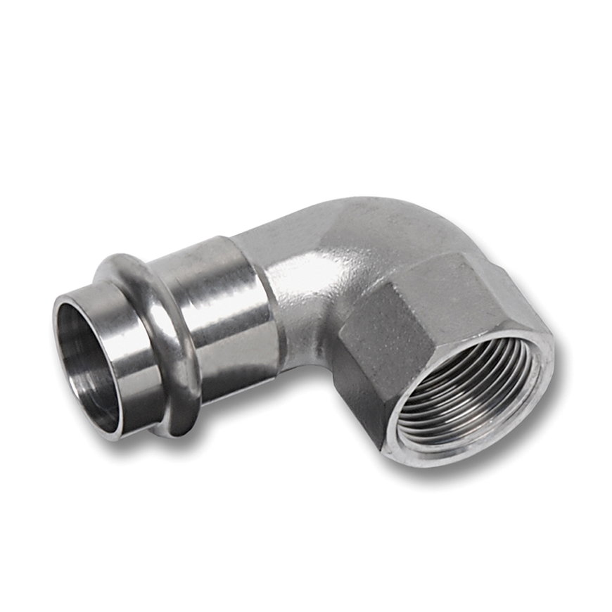 Sanha NiroSan schroefknie 90&deg;, rvs 316L, pers x binnendraad, 15 mm x &frac12;" 