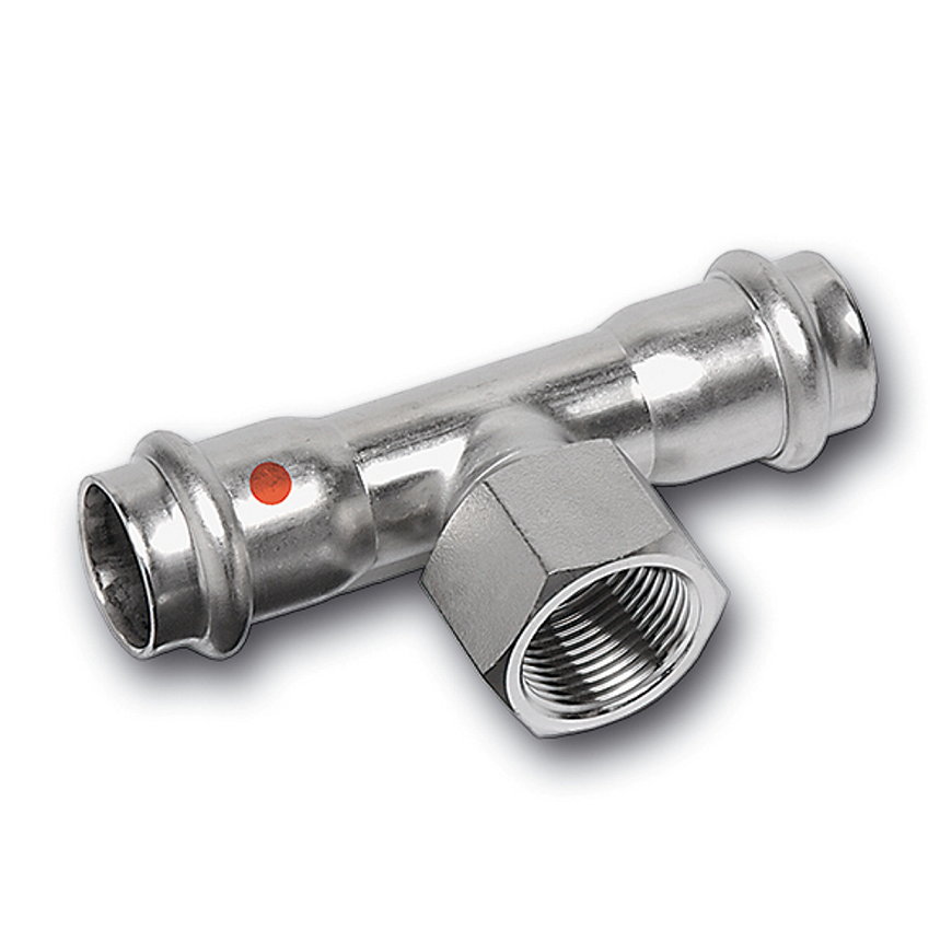 Sanha NiroTherm schroef T-stuk 90°, 2x pers / 1x binnendraad, 18 mm x ½" x 18 mm