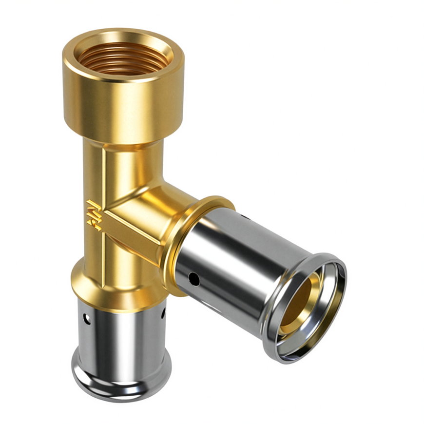 Henco schroef T-stuk 90&deg;, messing, rvs, 2x pers / 1x binnendraad, type 48P, 16 bar, 20 x 20 mm x &frac12;" 