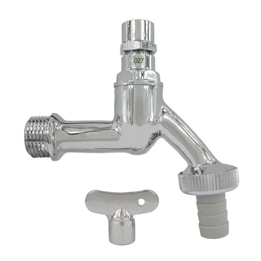 Tapkraan, messing verchroomd, gepolijst, sleutel bediend, &frac12;" buitendraad x slangwartel 