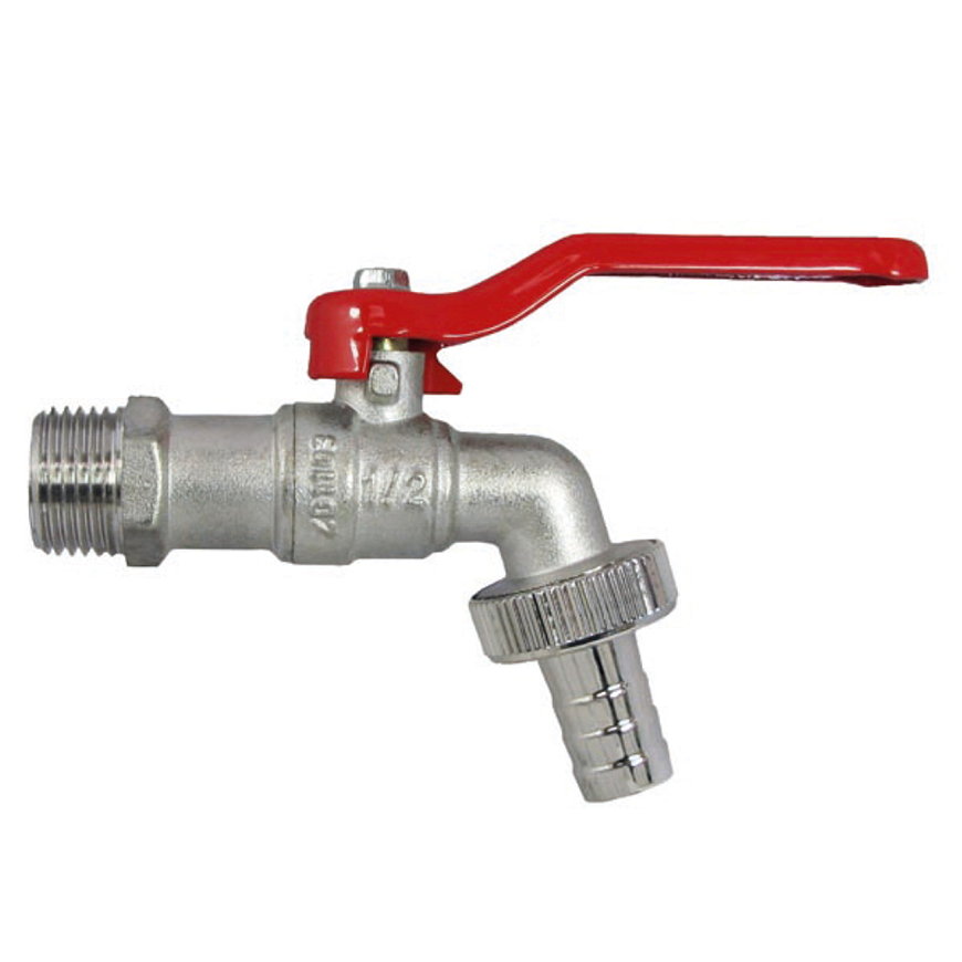 Tapkraan, messing vernikkeld, &frac12;" buitendraad x slangwartel, rode hendel 